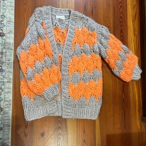 Chunky Knit Gray and Orange Cardigan